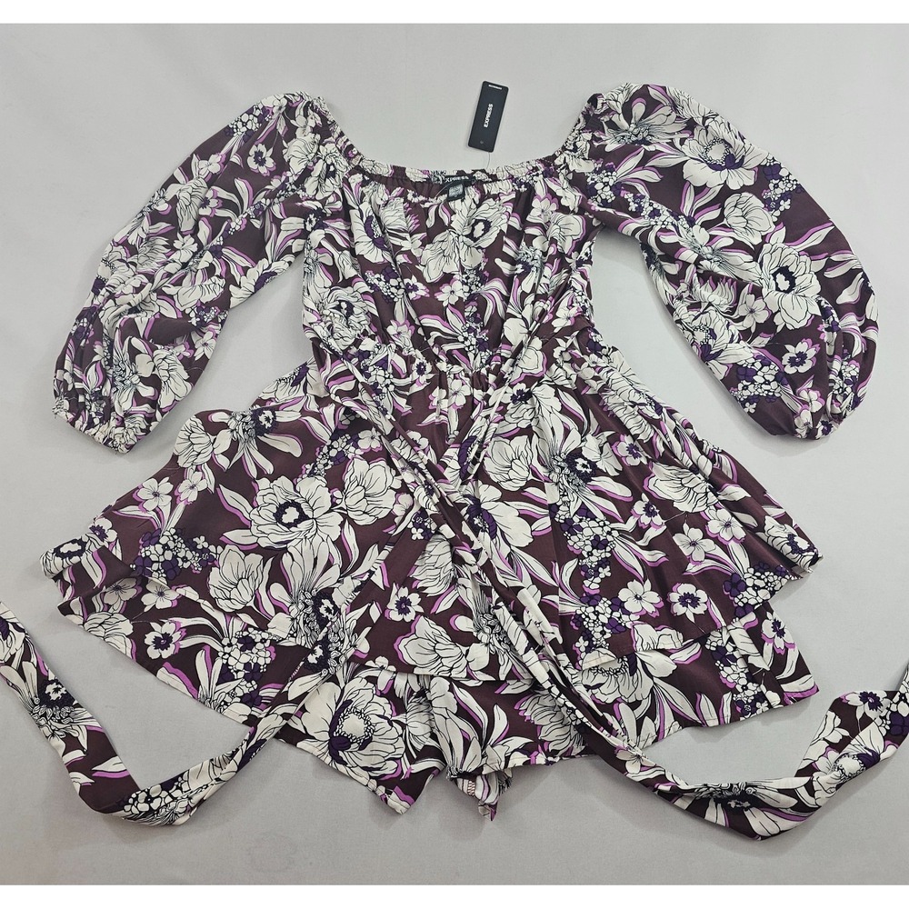 Express Floral Long Sleeve Belted Dress Romper Purple White XS 07808330